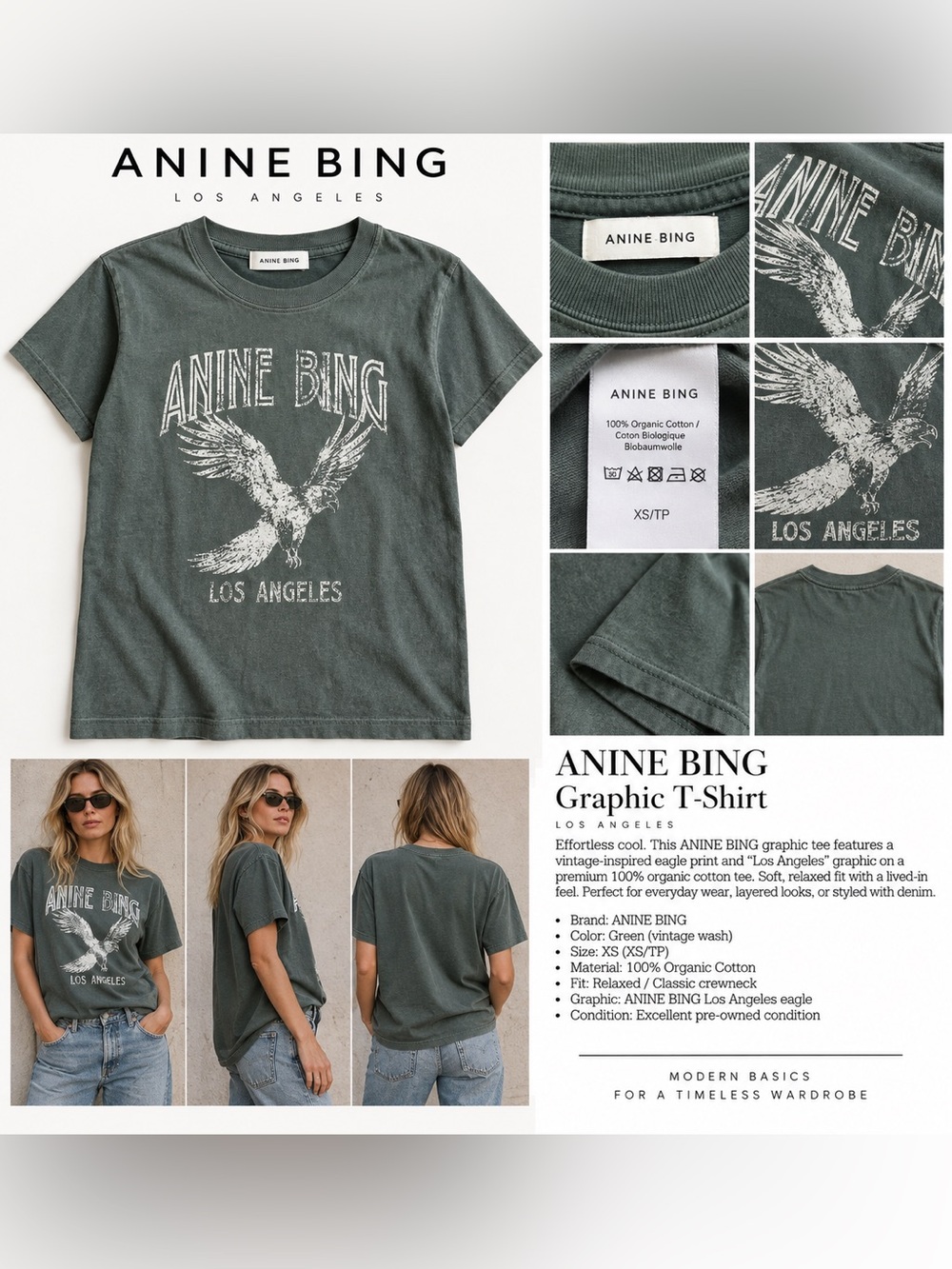 Annie Bing Los Angeles Eagle 100% organic cotton tee, XS